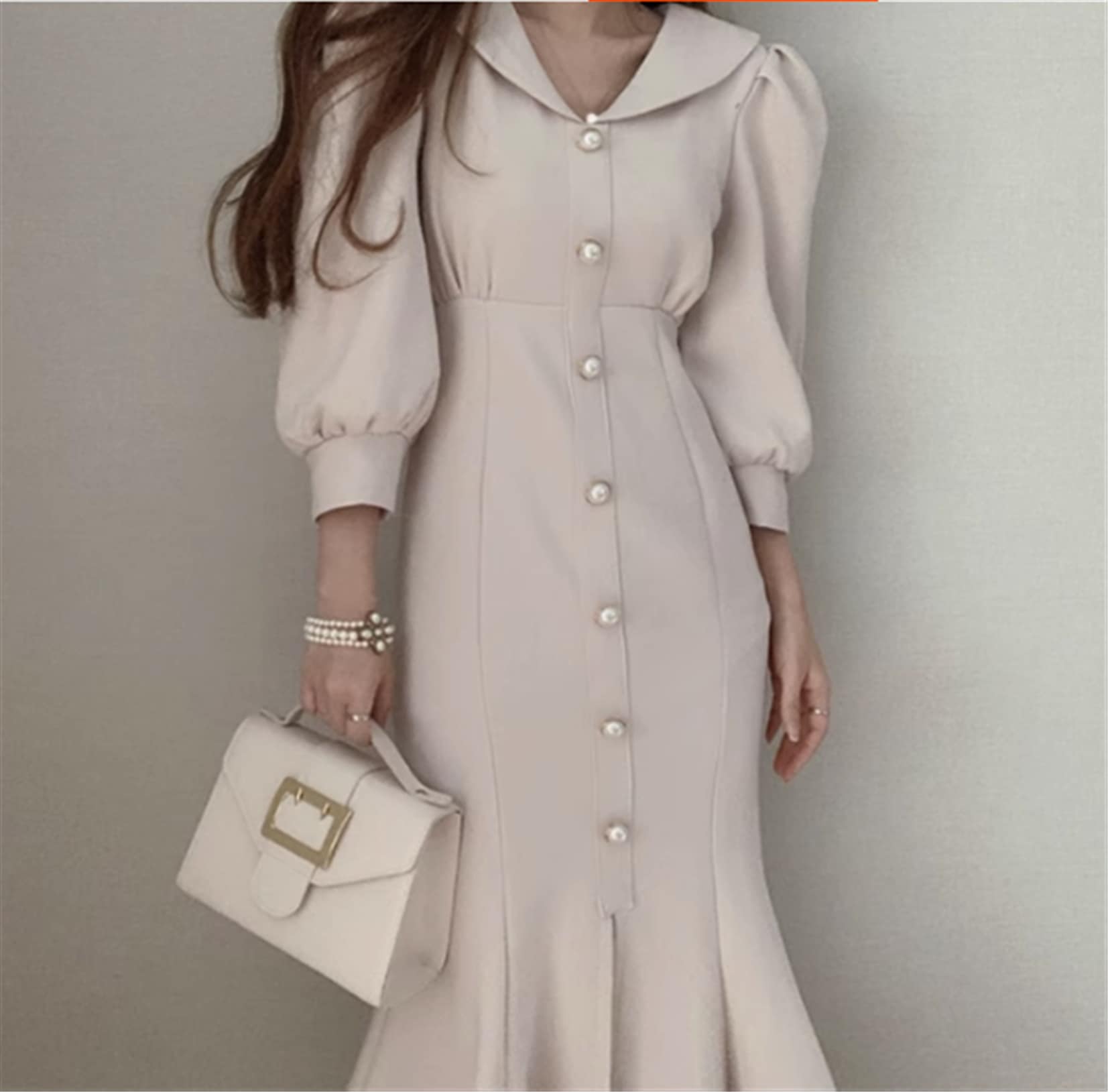 ワンピース マーメイドワンピース セミフレア ロング丈 袖あり 9分袖 パフスリーブ Vネック 襟あり パールボタン ハイウエスト 大人可愛い きれいめ シンプル カジュアル 大人 上品 おしゃれ