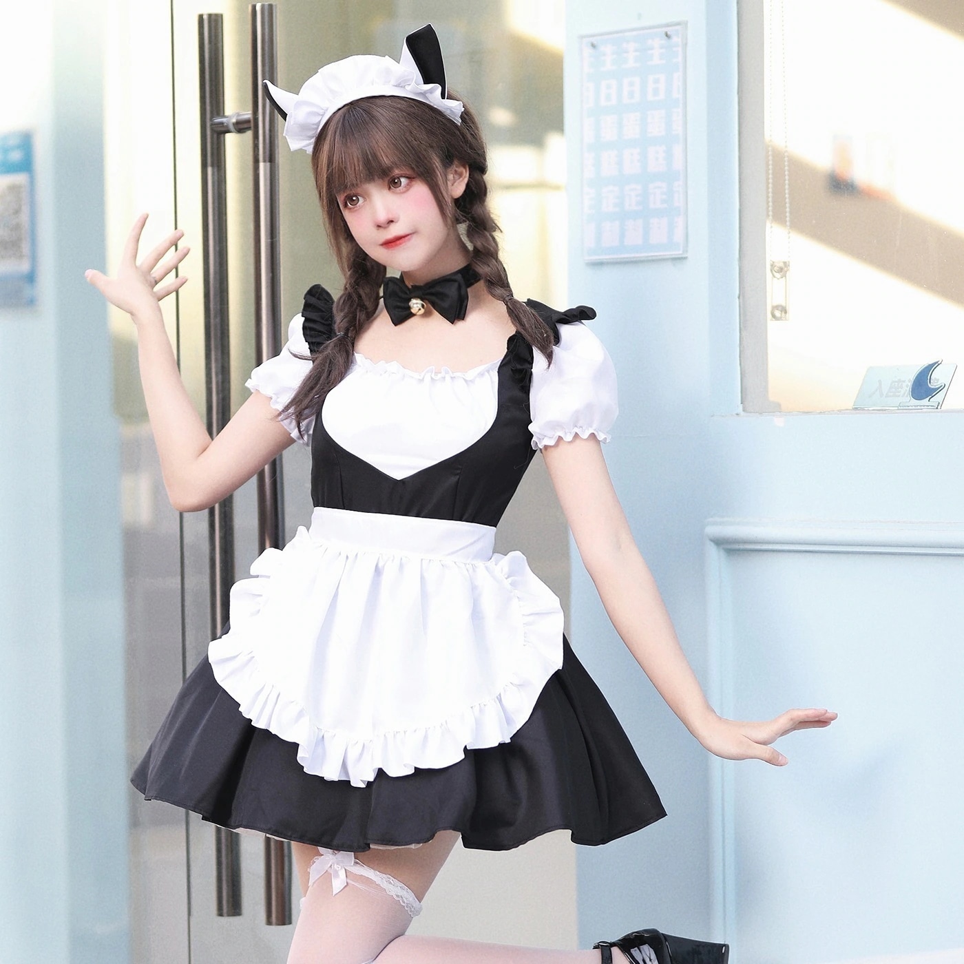 ロリータ猫メイド服 白黒メイドサービス かわいいロリータドレス コスプレ制服