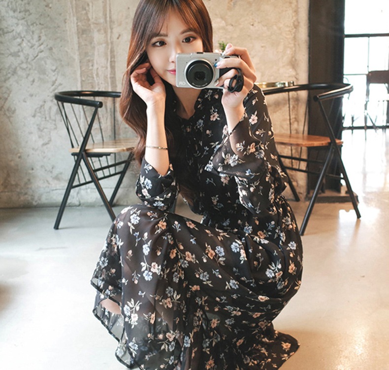 韓国ファッション　長袖小花柄プリントブラックシフォンワンピース　レディース春秋デートエレガント