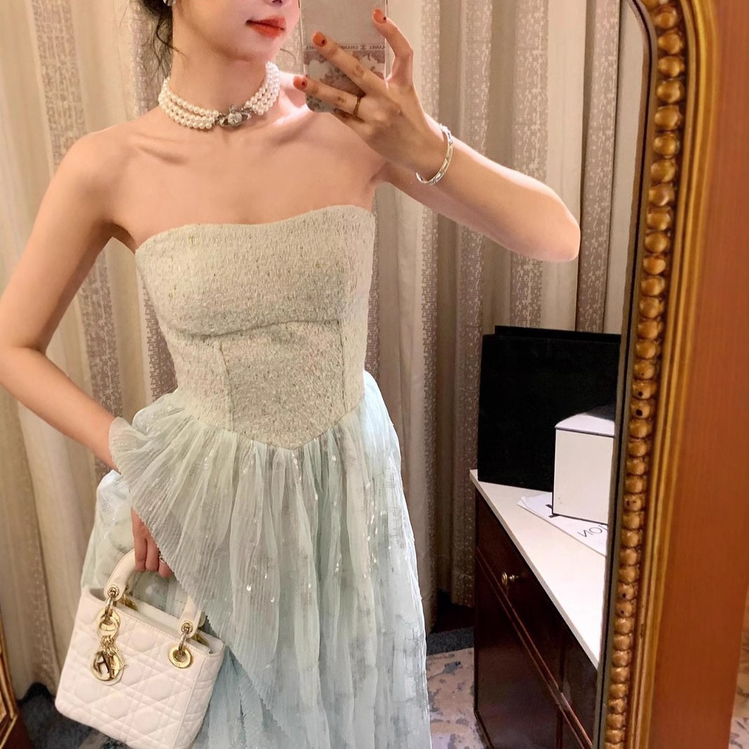 パーティードレス 二次会 花嫁 発表会ドレス 結婚式 誕生日パーティーにぴったりの美しいドレス女性用エレガントな雰囲気のメッシュスプライシングチューブトップドレス