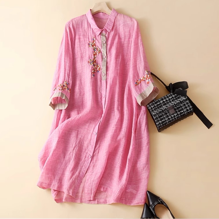 レディース シャツ ブラウス 前開き ロング 5分袖 襟付き ワイド 刺繍 ボタン 薄手 かわいい 大人可愛い きれいめ シンプル カジュアル 上品 おしゃれ レトロ こなれ感 ラフ ガーリー ルーズ