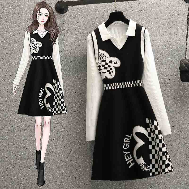 M5L 大きいサイズ 白黒チエック柄切替 ニットワンピース 個性ビショップスリーブシャツ 2set大きいサイズ レディース 秋冬 結婚式 きれいめ タイト フォーマル 大人 上品 チュニック one-