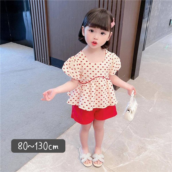 女の子 セットアップ 上下セット 子供服 キッズ 半袖 半ズボン ショートパンツ 80 90 100 110 120 130 赤 レッド 夏 幼稚園 保育園 通園 おでかけ