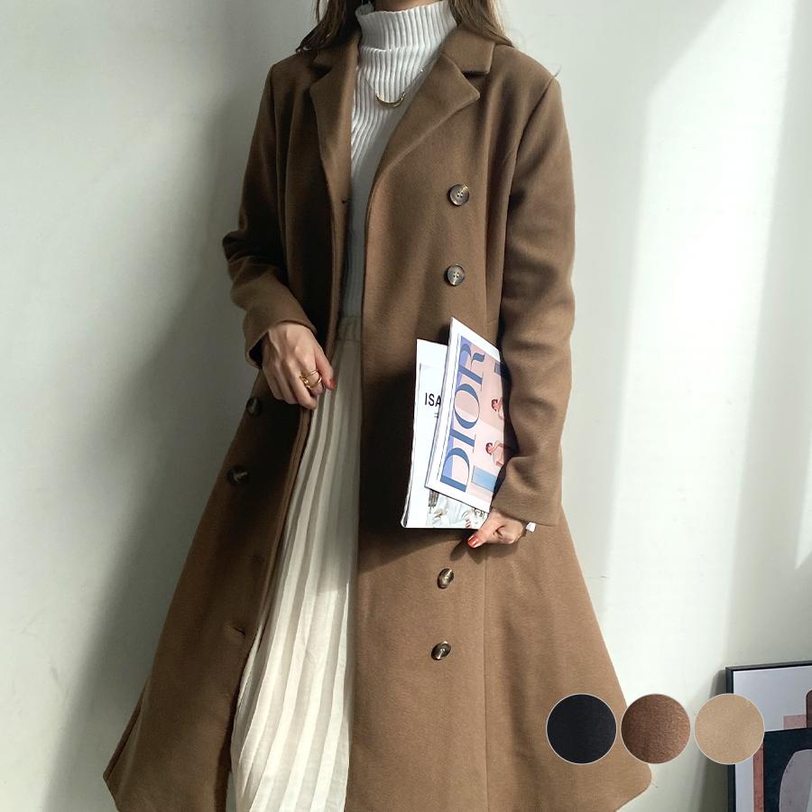 コート ロングコート フレアコート フェイクウール アウター メルトン オフィスカジュアル 通勤 韓国 ファッション / Wボタンフレアロングコート