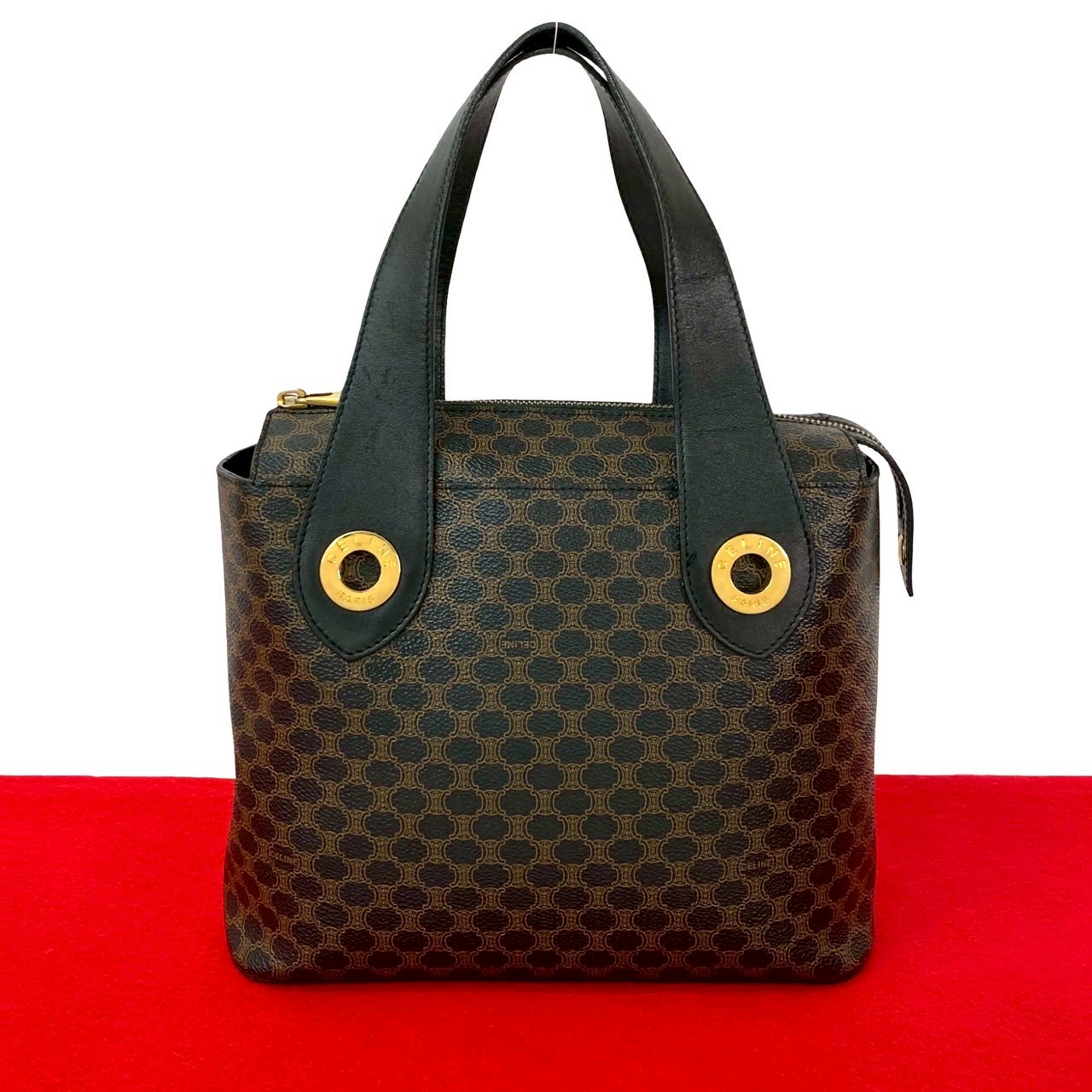 ヴィンテージ マカダム ブラゾン トリオンフ 柄 サークルロゴ 金具ハンドバッグ レザー PVC ブラック 58423