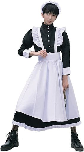 コスパ最高 即納 YIUHK メイド服 男性サイズ 男娘 女装キャラ コスプレ ハロウィン 仮装 メンズ セクシー エプロン カチューシャ 衣装 可愛い ワンピース 編みタイツ (M)