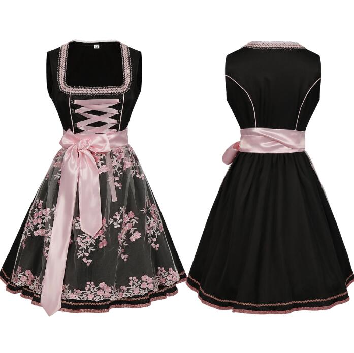 レディース ハロウィン コスプレ衣装 ロリータワンピース 2点セット ドイツ風 ヒール祭り メイド服 ウェイター ジャカード花柄 レースエプロン メイド服 女性 農場 田舎風 ワンピース 舞台劇 演出