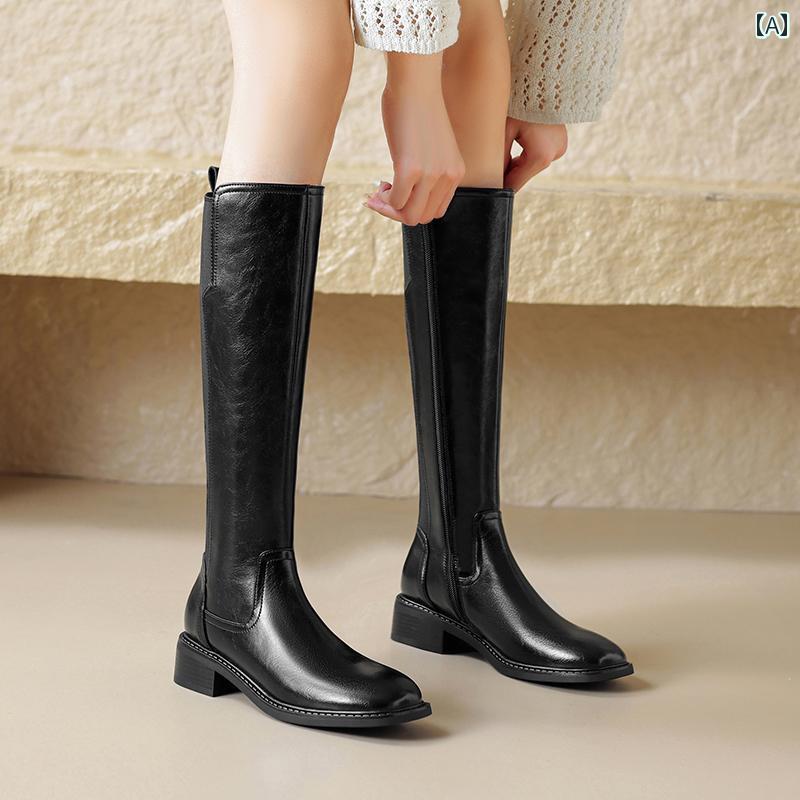 ロングブーツ レディース タイトフィット シンプル おしゃれ スタイルアップ 女性用 革 レトロ スタイル ナイト ブーツ 磨かれた ラウンドトゥ 太い ヒール 膝 高 スプライス 弾性 スリミング