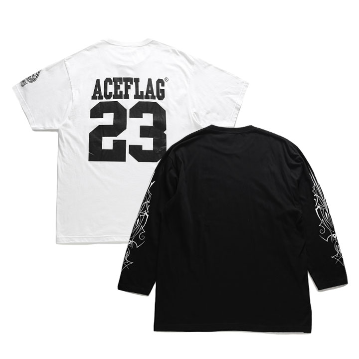 CE FLAG セットアップ 重ね着 半袖 Tシャツ 長袖 ロンT ブランド メンズ 春秋冬用 白 大きいサイズ エースフラッグ レイヤード 23 ナンバー ACE