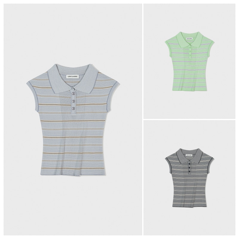 【LOW CLASSIC】 STRIPE PIQUE CAP SLEEVE KNIT TOP : 3COLORS