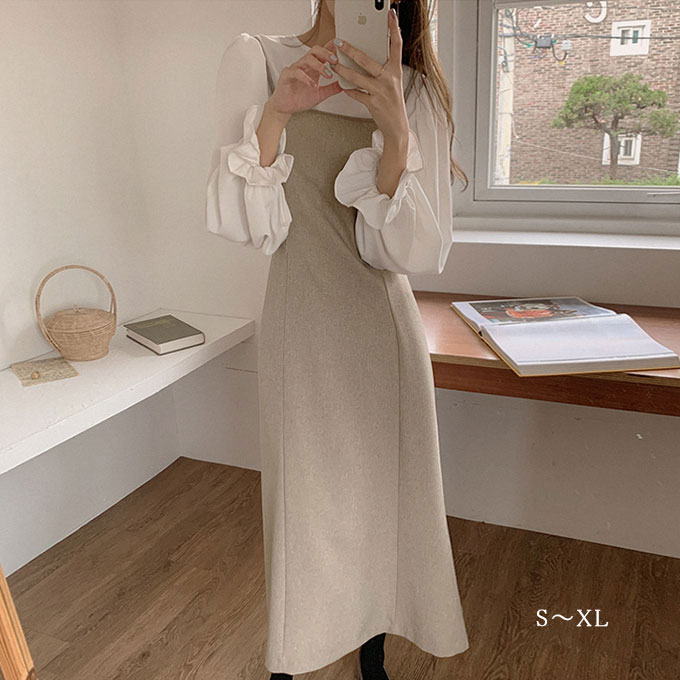 ワンピース 長袖 ブラウス ロング キャミソールワンピ レディース Aライン ワンピ シフォンシャツ フリル袖 可愛い ファッション 女性 おしゃれ 春秋 新作 送料無料