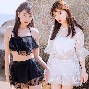 メガ割 水着レディース 体型カバー 水着3点セット タンキニ セパレート レースブラウス uvカット 小胸バンドゥビギニ セクシー 40代 可愛い スイムウェア 温泉 ママ
