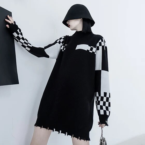 個性 不規則 デザイン ブロックチェックダメージニットワンピース お洒落 個性ワンピース
