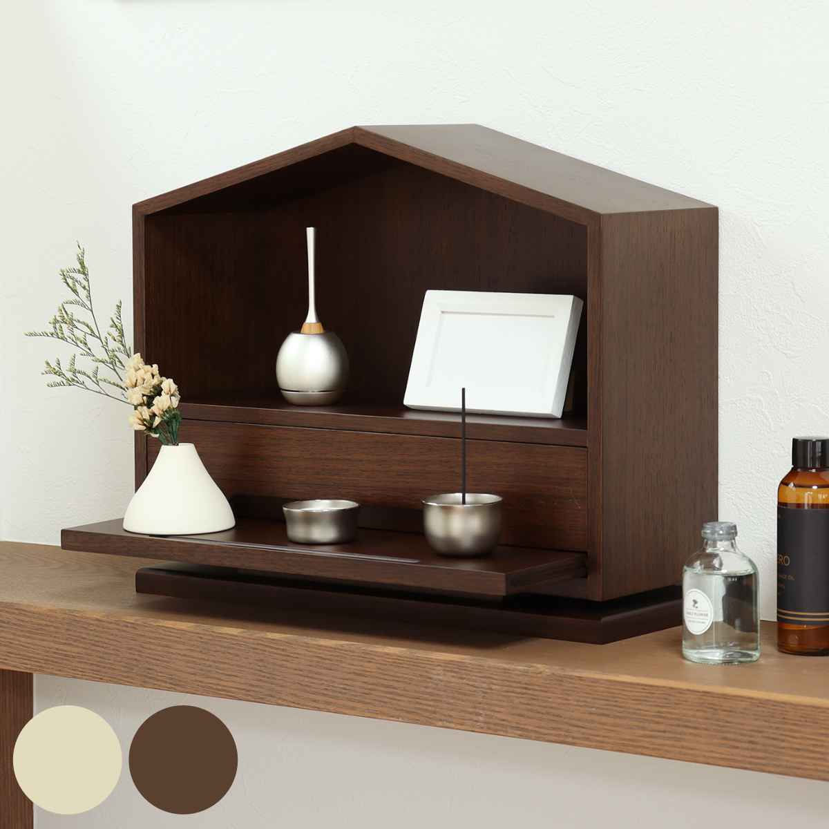 インテリアミニ仏壇 切妻型 引出し付 アッシュ材 突板仕上 約幅36cm インテリア仏壇 家型 仏壇 スライド棚 引き出し 収納 コンパクト 完成品 現代仏壇 家具調 三角屋根 リビング