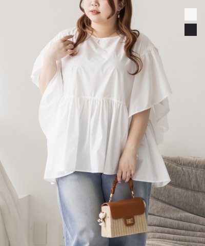 大きいサイズ レディース LL 3L 4L XL XXL XXXL スクエア切替フリルブラウス