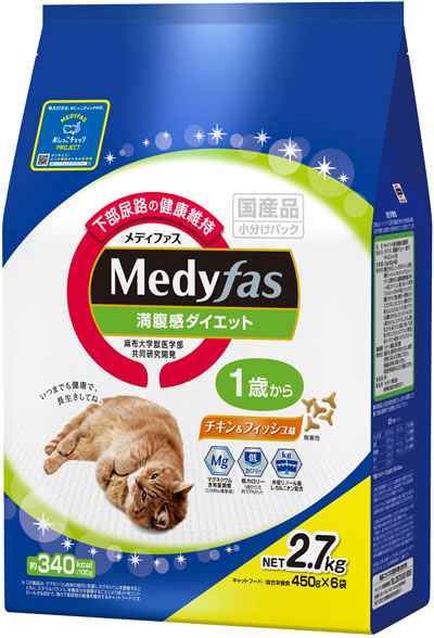 【4個セット】ペットライン　メディファス 満腹感ダイエット 1歳から チキン&フィッシュ味 2.7kg
