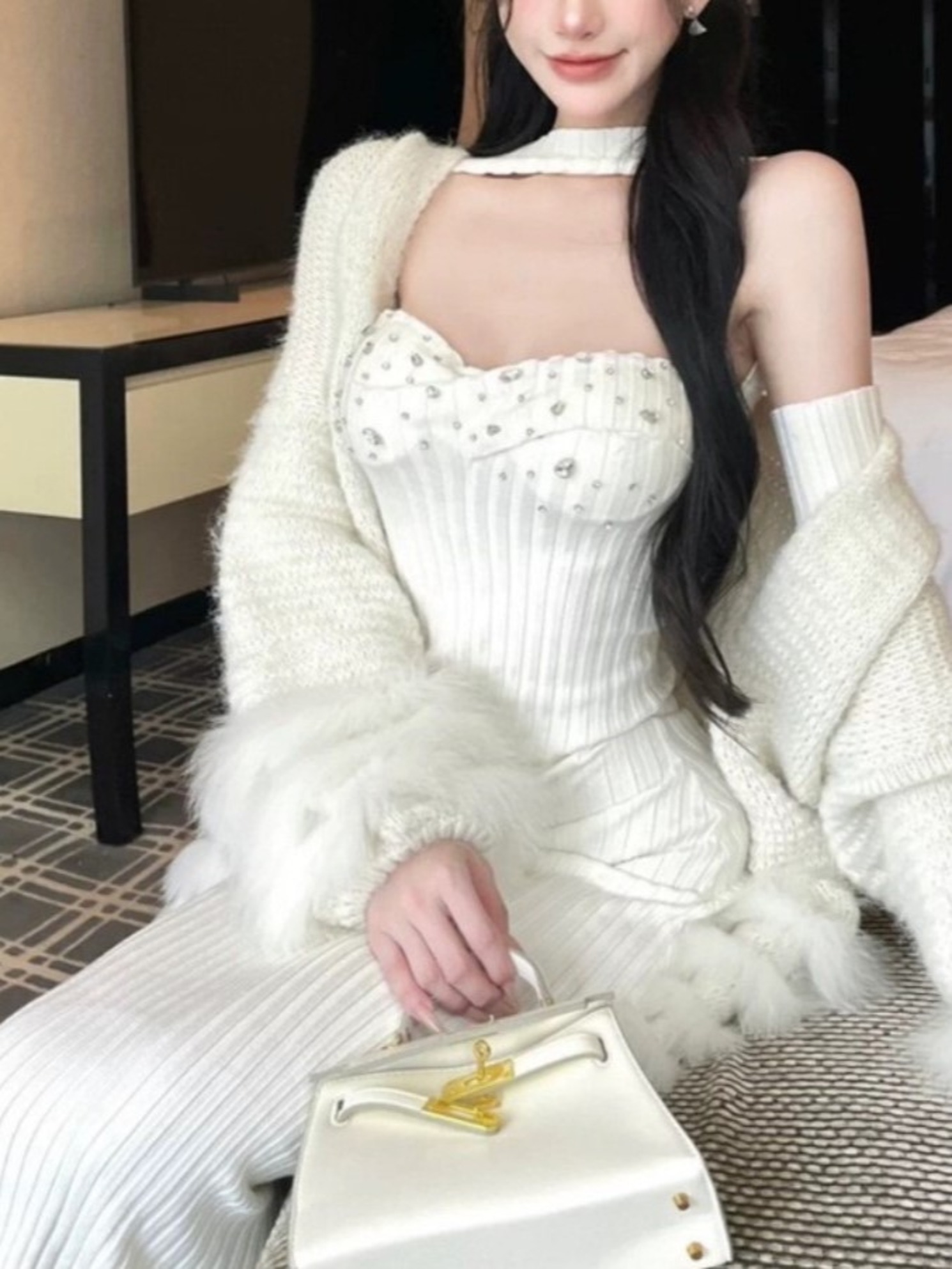 (3color) アクセホルターネックアームウォーマーニットワンピース