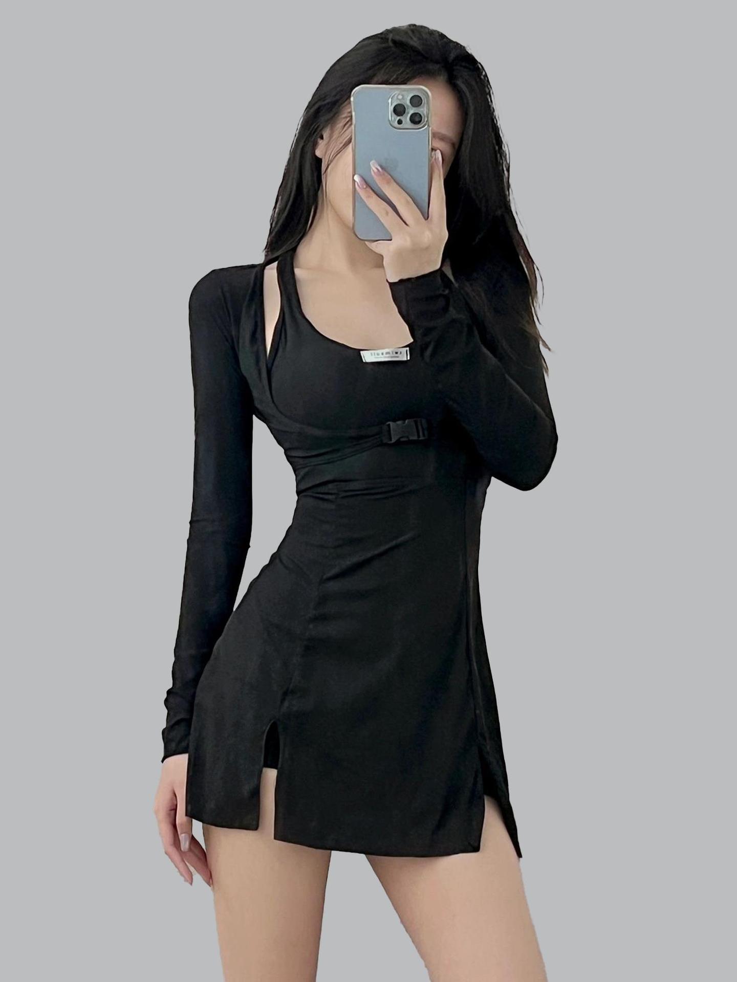 女性用スイススーツ 2024年新作 モテ女子のためのお腹周りをカバーして着痩せ見える長袖コンサバインワンピーススカート風2点セット