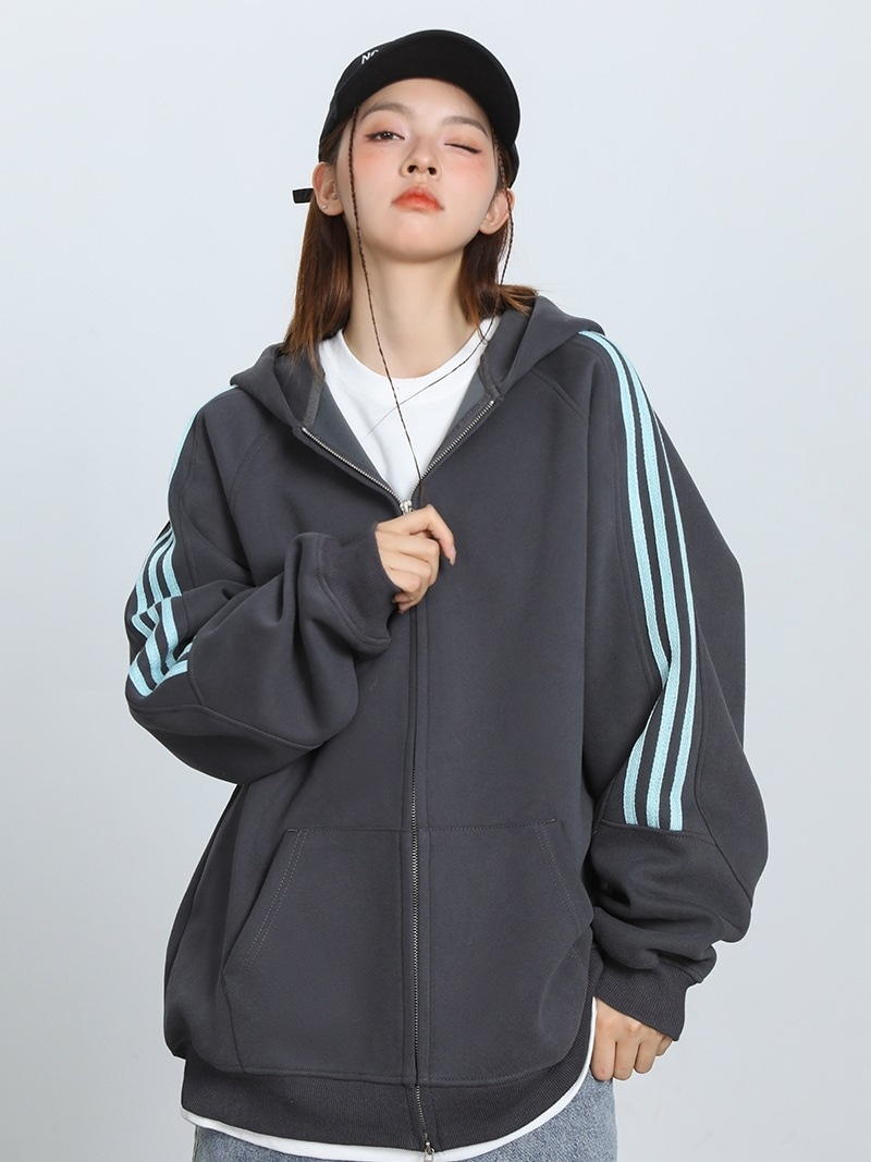 2025 春夏 韓国 かわいい レディース バイカラーフード付きフーディーアウター羽織りスポーティー長袖配色コーデトップススポーツサイズサイドカジュアルシルエットファッション系フル丈トラック