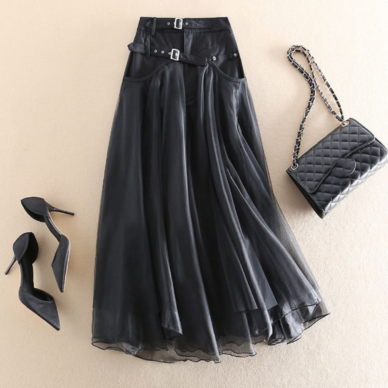 レディース スカート ロングスカート ミモレ スリム 細身 Aライン 切り替えデザイン ベルト付き かわいい 大人可愛い きれいめ シンプル カジュアル 上品 おしゃれ こなれ感 個性的 クール