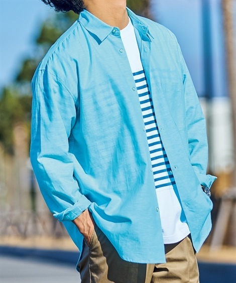 カジュアルシャツ オーバーサイズ麻混長袖シャツ ベージュ サックス ブルー