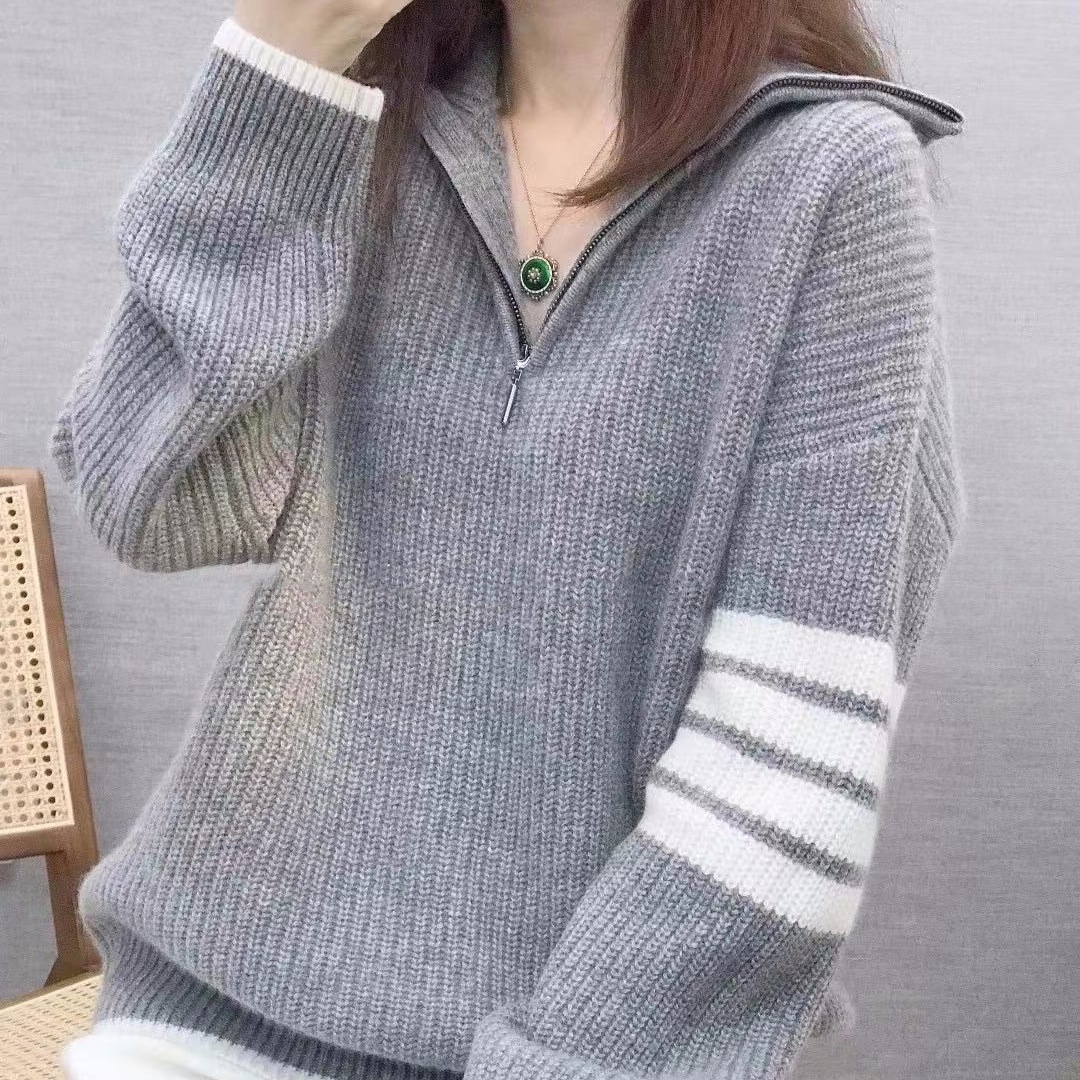 トップス ニットソー セーター 袖あり 長袖 Vネック 襟付き ストレート Iライン アシンメトリー ファスナー 2way 伸縮性 ニット かわいい 大人可愛い きれいめ カジュアル 大人 おしゃれ