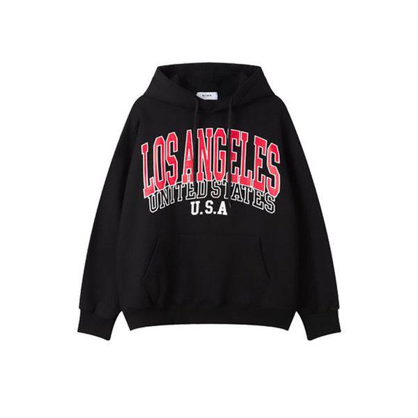 メンズ LA セミオーバーフィット 裏起毛 コットン フード付き Tシャツ RM-TSK-Q059-ブラック