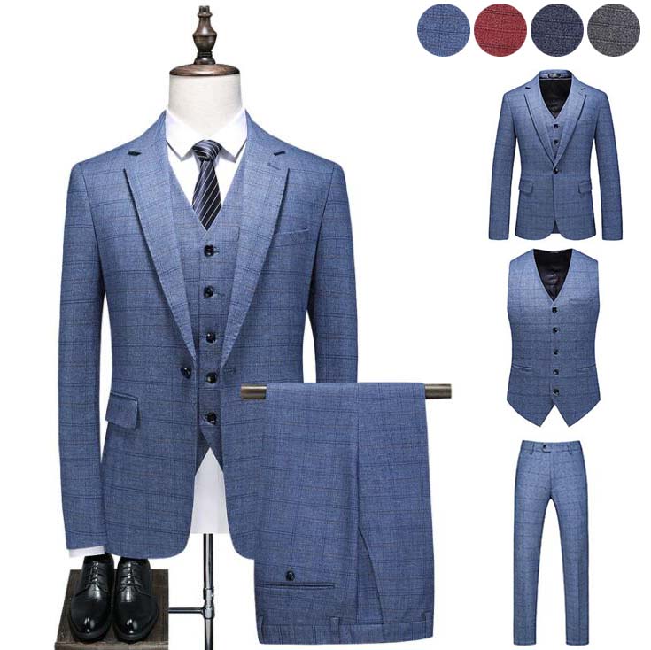 チェック柄ビジネススーツおしゃれ結婚式スーツメンズスーツフォlーマルスーツ3ピーススーツ出勤出張パーティ二次会忘会披露宴3点セットジャケット+パンツ+ベストシングルスーツスーツメンズスリムスーツセット