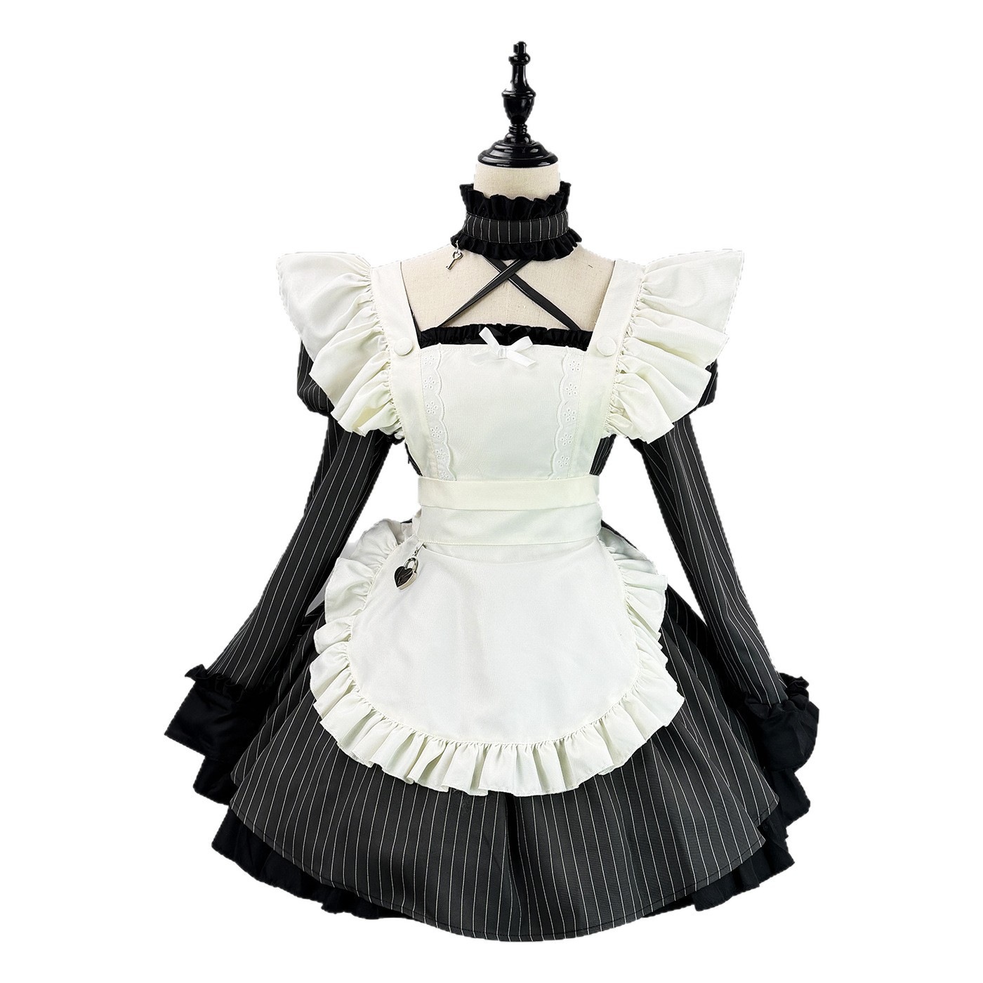 【新作登場 最安値】4点セット ストライプメイド服 ワンピース+エプロン+髪飾り+首飾り 舞台ドレス フリル コスプレ仮装 長袖 ゴシック ロリータ パーティー 舞台衣装 イベント 変装 女装 余興