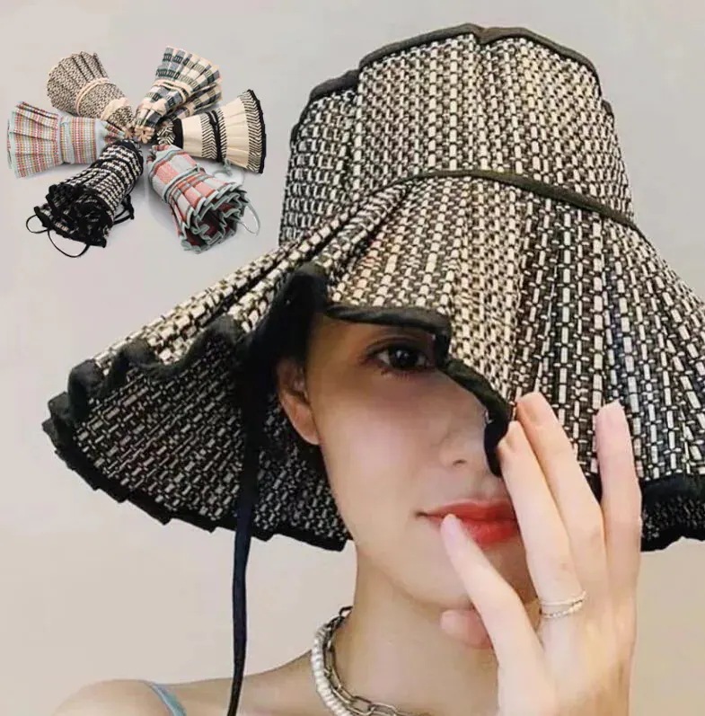 折りたためるストローハット帽子 レディース ハット つば広 幾何学柄 麦わら帽子 ストローハット あご紐 リンクコーデ 大人 ハット 麦わら UVカット