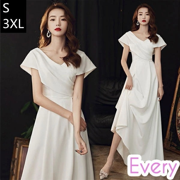 パーティードレス ウェディングドレス 総レース Vネック Aライン 白 ホワイト 上品ワンピース ロングドレス 母親 結婚式 ドレス 大人 ピアノ 発表会 記念日 演奏会 舞台 コーラス 二次会 S