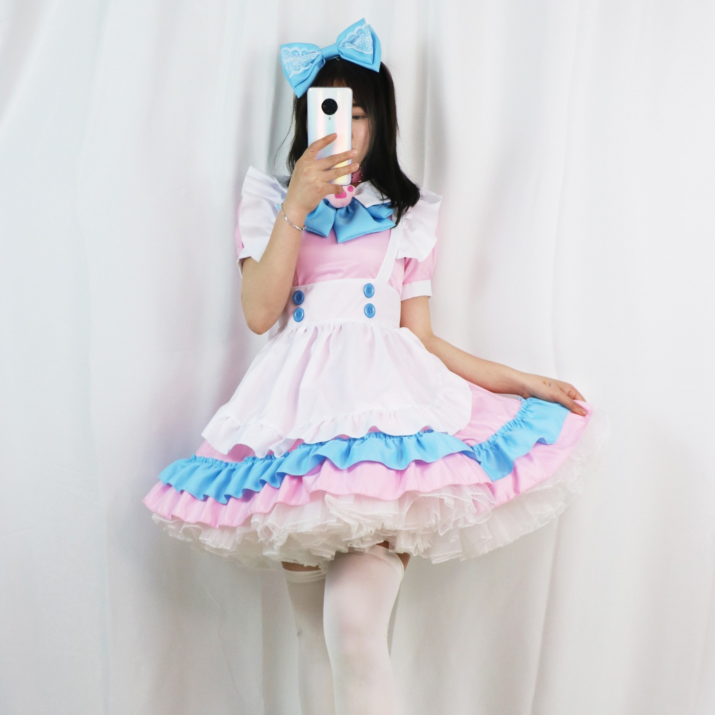 大きいサイズメイド服超萌え大きい蝶結びピンクブルーロリータ婦人服ワンピースlolitaかわいいスカート