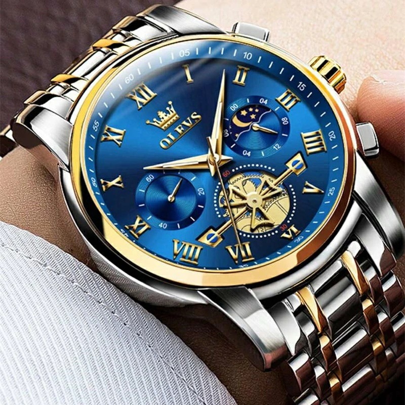 OLEVS メンズ腕時計 トゥールビヨン スタイル ファッション オリジナル クォーツ 3気圧防水 スポーツ ムーンフェイズ ナイトライト クロノグラフ メンズ プレゼント