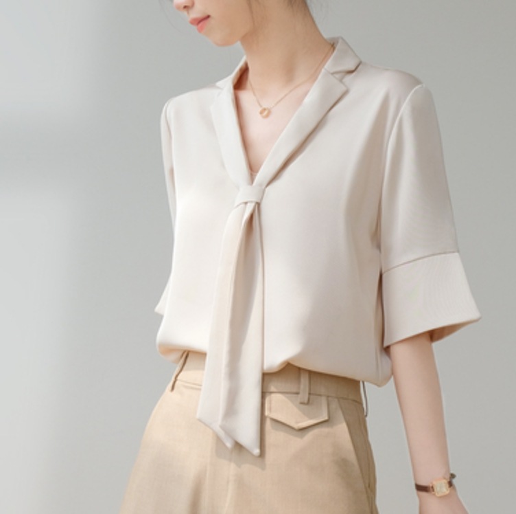 トップス デート かわいい 大人可愛い きれいめ シンプル カジュアル 大人 上品 おしゃれ お洒落 ブラウス ボウタイ 半袖 オフィス 通勤 無地 アプリコット L 韓国 ママ 入学式 卒業式