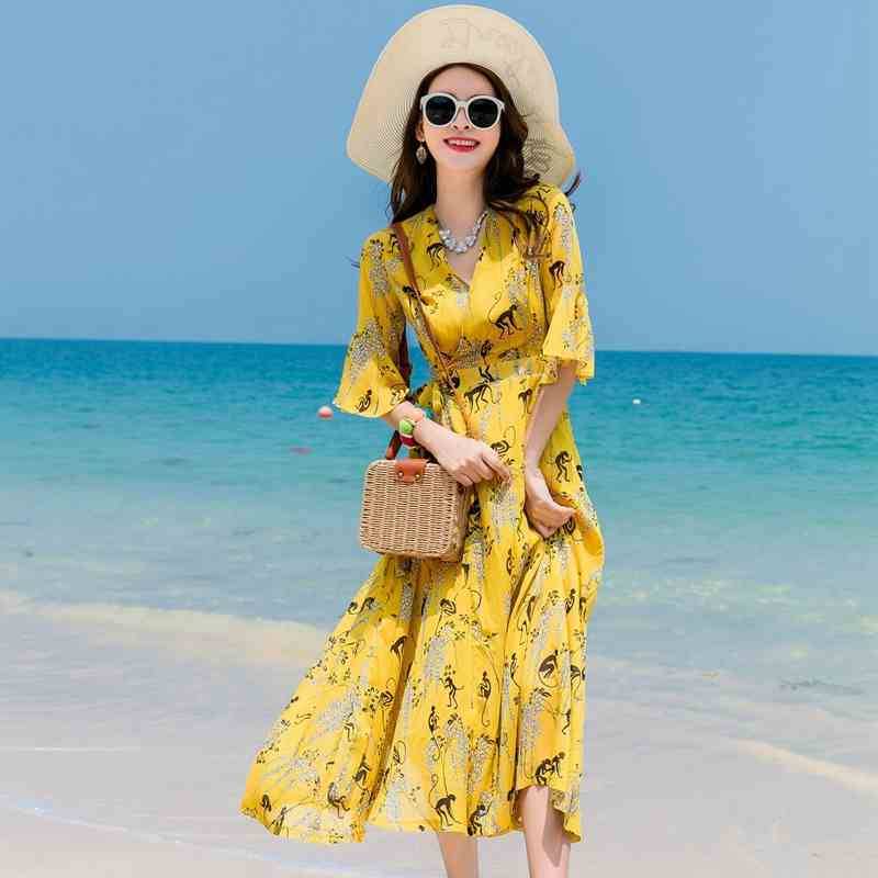 レディース Vネック ワンピース カシュクール 花柄 フラワー シフォン ドレス ミモレ丈 膝下 ひざ下 半袖 袖あり フレア袖 5分袖 フレア スリット ウエストリボン ウエストマーク A