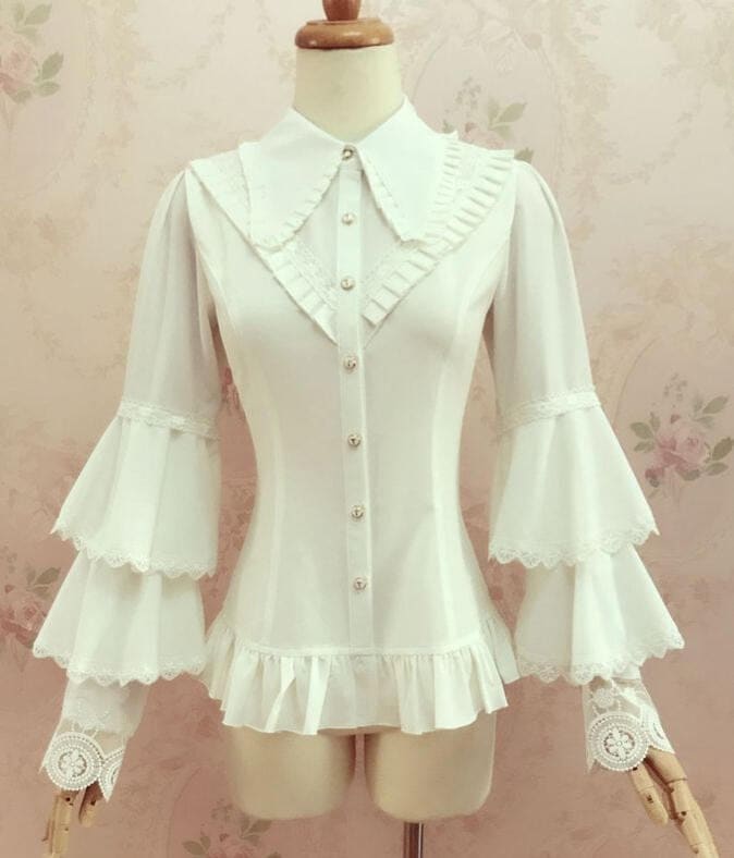 【急速出荷】ロリータ ブラウス Lolita お花 レース トップス ムスクテール襟 長袖 姫袖 ベルスリーブスリム 豪華 乳白色 合わせ 洋装 クリスマス コスプレ ハロウィン
