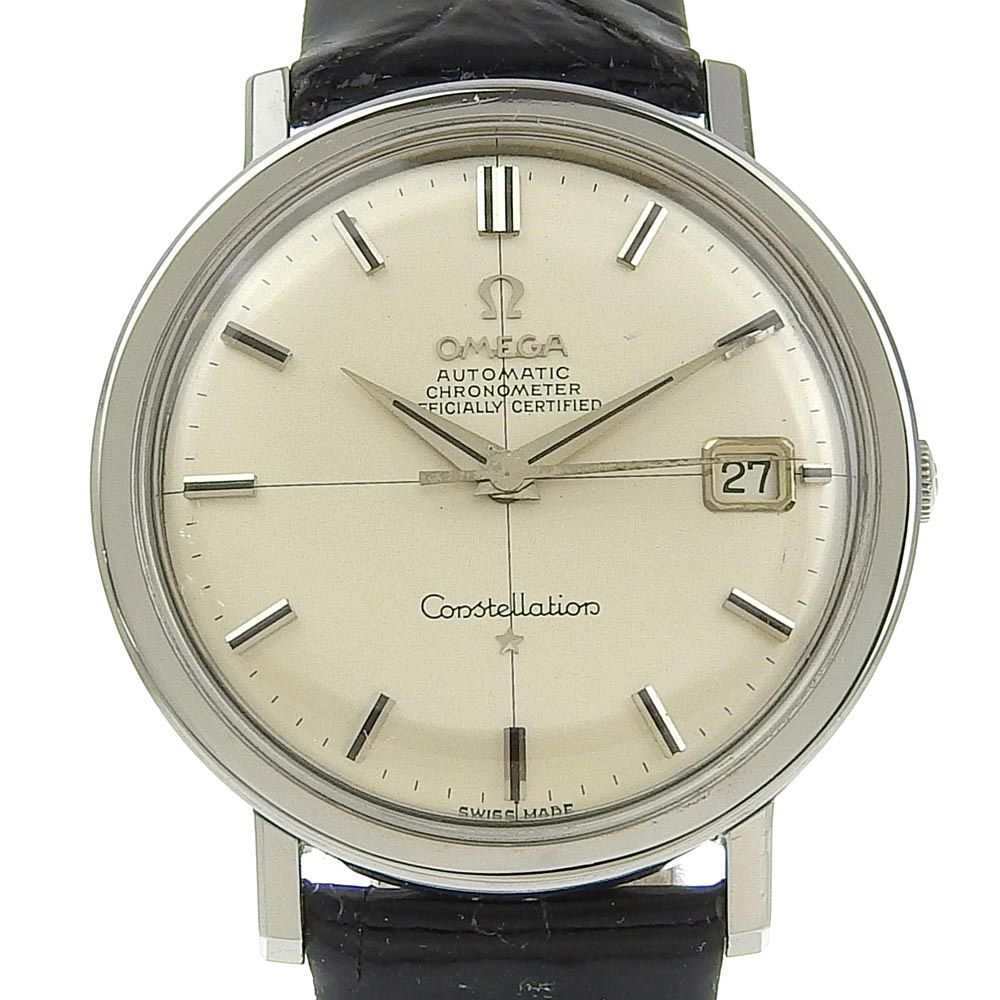 コンステレーション クロノメーター cal.561 腕時計 ステンレススチール クロコダイル 黒 自動巻き メンズ シルバー文字盤 中古品