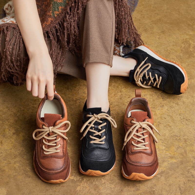 秋新作 イギリス風丸型つま先カラーブロックランニングシューズ 本革ドイツトレーニングシューズファッションカジュアル紐締めレディースシューズ