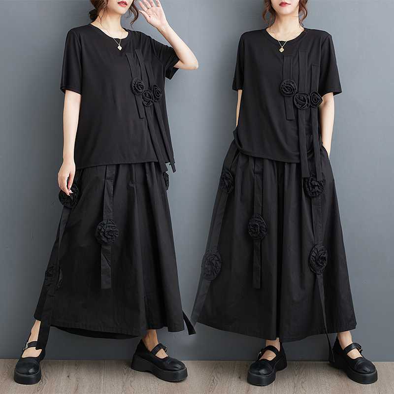 「ファットガール」 2025夏新品 3D花飾り 上下セット Tシャツ+キュロットスカート 大きいサイズ 体型カバー レディース セットアップ