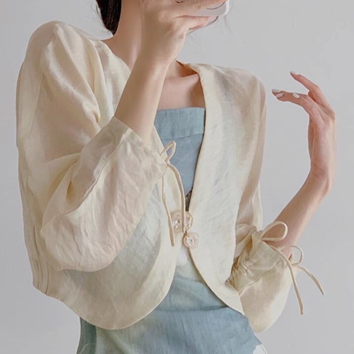 シアー ボレロ レディース トップス カーディガン 羽織 前開き ショート 長袖 Vネック 襟なし ノーカラー ドロスト 透け感 ボタン ギャザー シンプル カジュアル 上品 おしゃれ こなれ感