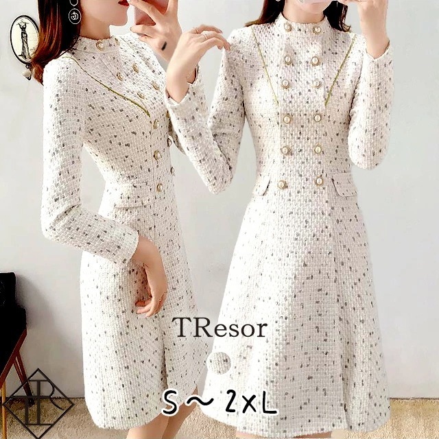 【即納】ワンピース レディース フォーマル ツイード ハイネック フレアスカート キレイめ ナチュラル お洒落 可愛い レトロ 卒業式 入学式 お披露目 結婚式 SNS映え 新作 5,541円