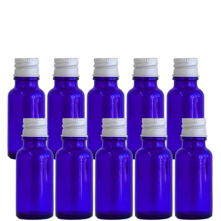 遮光瓶 20ml（ブルー） 100本セット シルバーキャップ ヴァーティカルドロッパー / 遮光ビン ガラス瓶 薬瓶 保存 アロマオイル エッセンシャルオイル 精油 キャリアオイル 香水 手作り コス