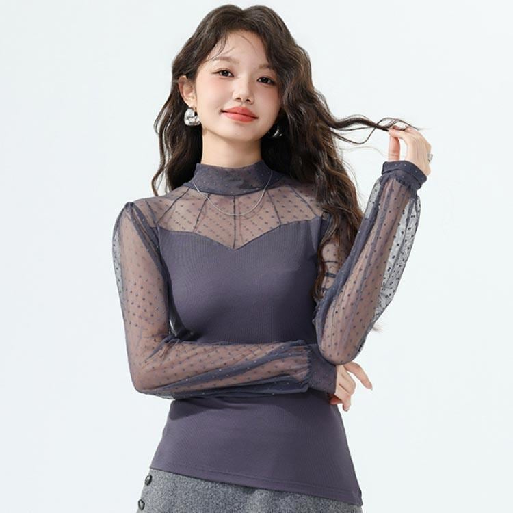 ブラウス レディース シースルー レース ハイネック レースブラウン トップス レースシャツ 冬 秋 総レース tシャツ 長袖 カットソー