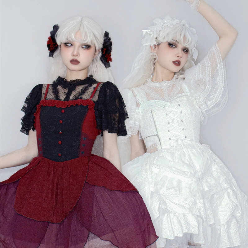 ロリータブラウス カップ付き レースブラウス ショート丈 フリルブラウス ゴスロリ ブラウス 白 黒 姫袖 ハロウィン コスプレ ドレスコーデ