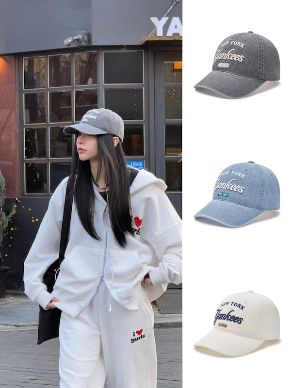 3ACPD035N [イハンソンホ着用] 正規品保証 関税負担なし 韓国限定販売 男女共用 カラー デニム アンストラクチャー ベースボールキャップ ニューヨークヤンキース