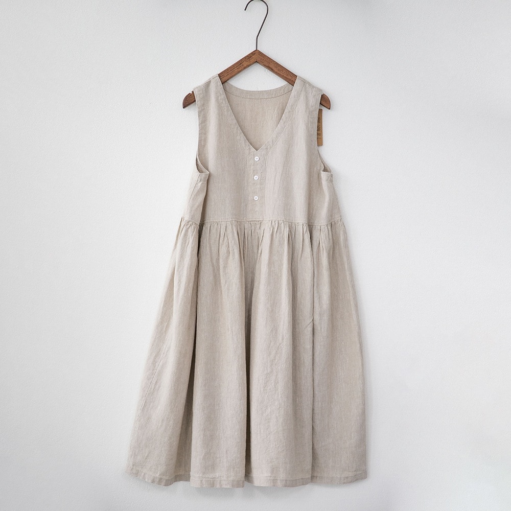 ワンピース 袖なし 2way Vネック ラウンドネック 襟なし コットン 綿 麻 リネン フレア ワイド Aライン 切り替えデザイン 無地 アジアン ゆったり ゆる カーキ ベージュ ニュアンスカラー