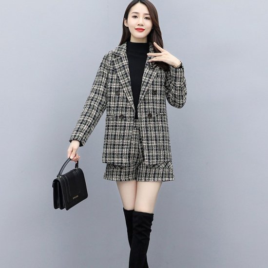 【取寄：納期2週間】スーツ レディース セットアップ ツイード 大きいサイズ 上下セット チェック ショートパンツ テーラードジャケット 秋冬新作 秋冬 レディーススーツ 二点セット 6,003円