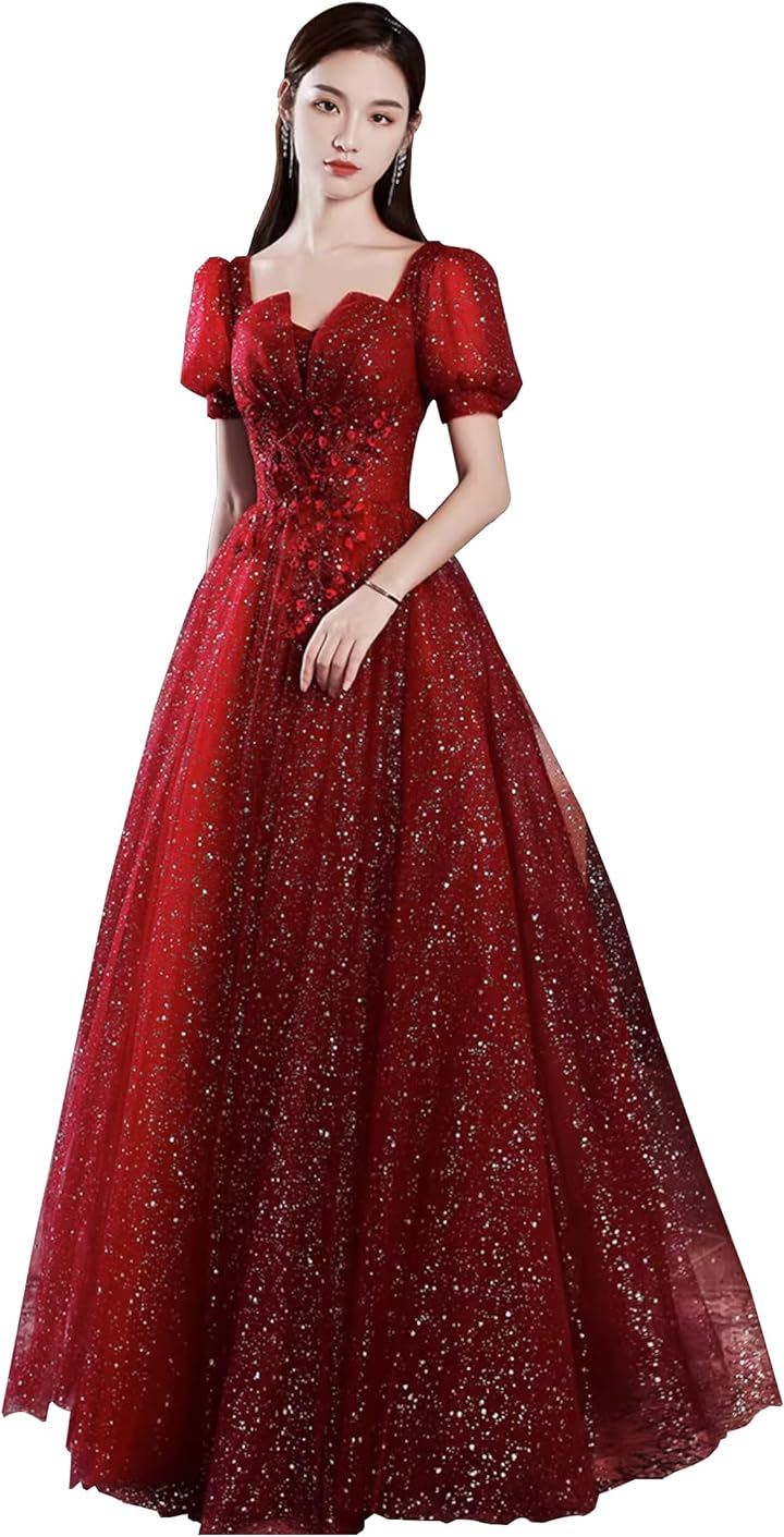 ドレス ロング 演奏会 袖有り パーティードレス 披露宴 謝恩会 発表会 記念日 スパンコール 卒業式 大きいサイズ ワンピース( B ワインレッド, L)