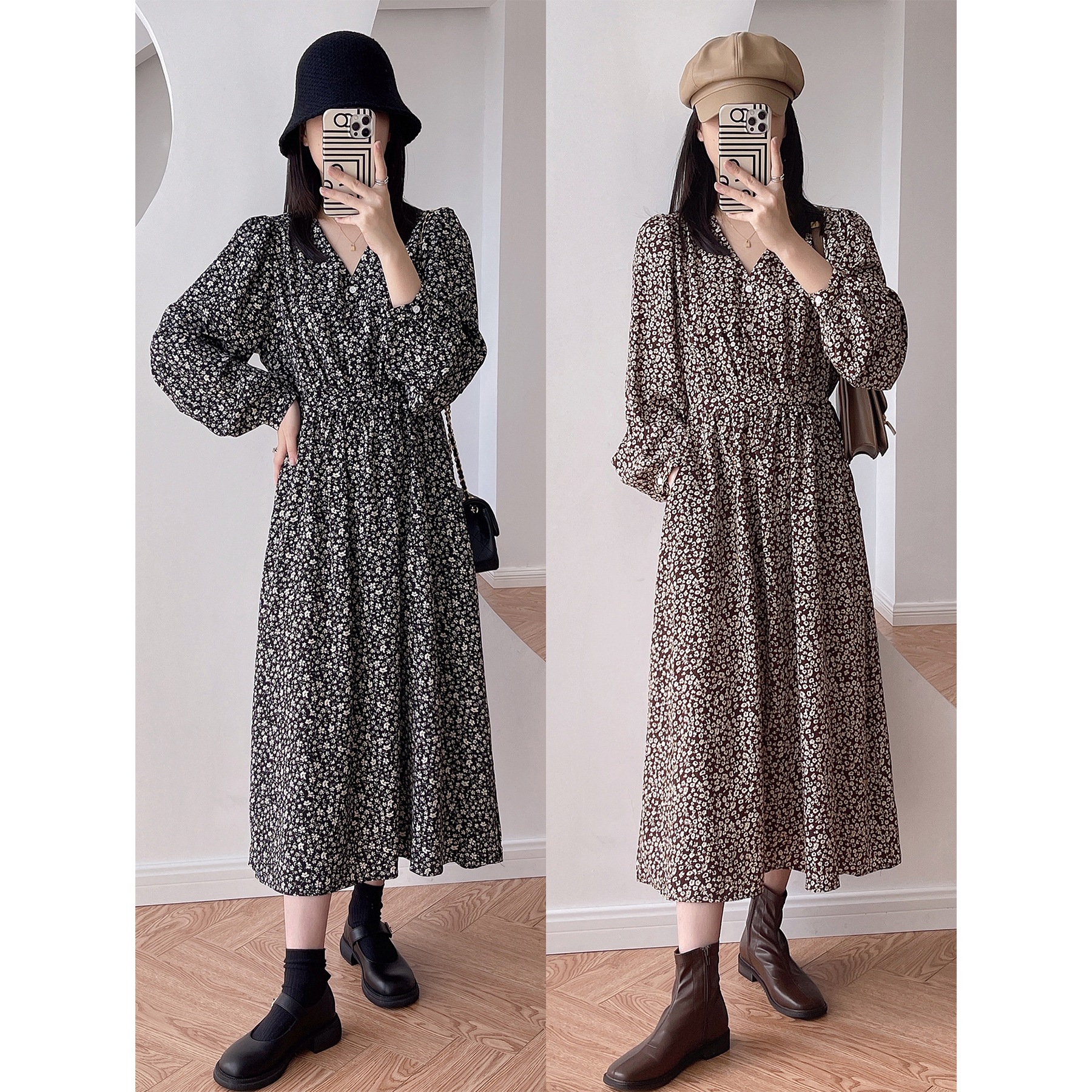 ワンピース フレアワンピース ロング ロング丈 袖あり 長袖 Vネック 襟なし フレア 細身 Aライン シフォン リボン ウエストマーク ウエストリボン ポケット かわいい 大人可愛い きれいめ 大人