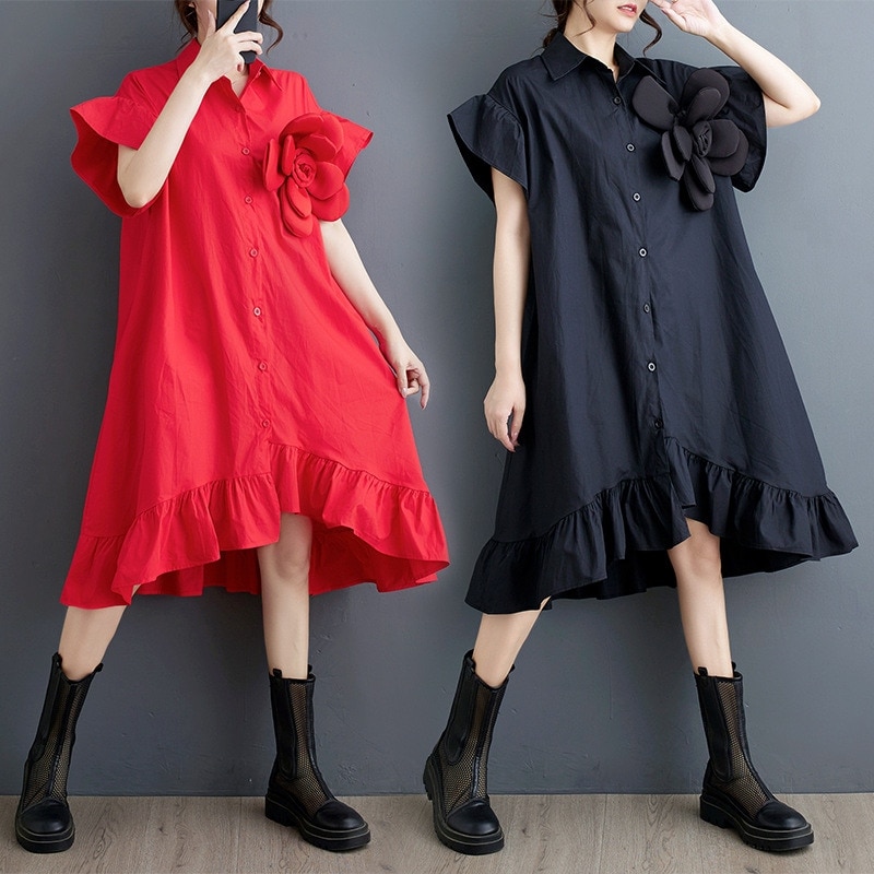 無地半袖シャツワンピース流行り大きいサイズレディース韓国ロングワンピース立体花夏服着痩せ30%制限